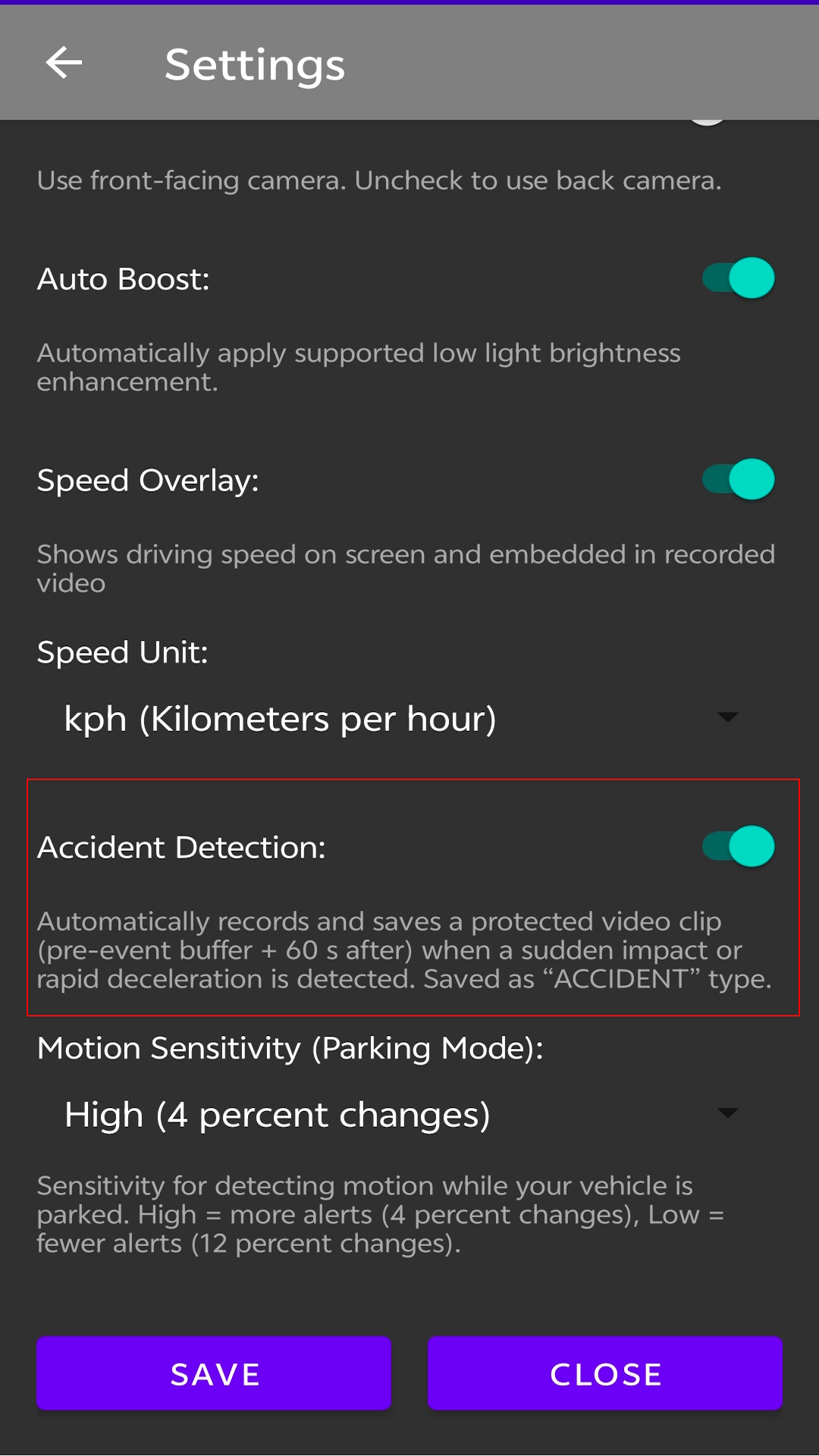 Motion, accident, and speed overlay settings screen